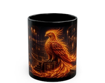 Phoenix in the Library-mok, zwarte keramische koffiekop 11/15oz