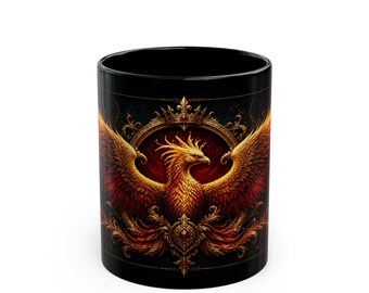Mok Fiery Phoenix-embleem, zwarte keramische koffiekop 11/15 oz