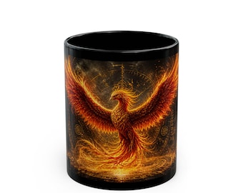 Majestic Phoenix Rising-mok, zwarte keramische koffiekop 11/15 oz