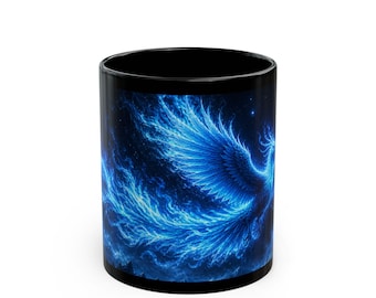 Blauwe Phoenix Rising-mok, zwarte keramische beker 11/15 oz