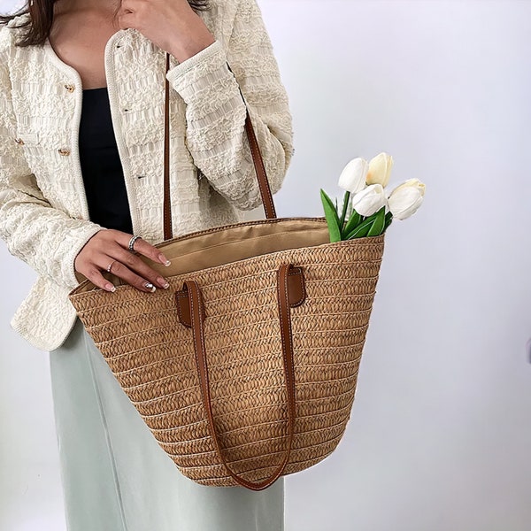 Handmade French Summer Bag For Women, Woven Straw Bag With Leather Strap And Zipper, Sustainable Vegan Summer Tote Style Woven Bag For Women