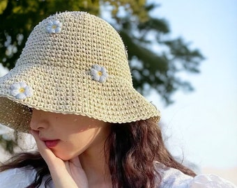 Woven Organic Flower Summer Hat, Raffia Straw Daisy Style Premium Bucket Hat, Unique Handmade Sun Vegan Sustainable Hat, Women’s Beach Hat