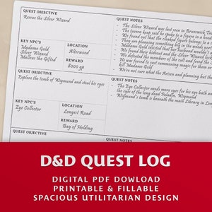 May include: A printable Dungeons and Dragons quest log with a red, white, and black color scheme. The text on the page reads "D&D Quest Log" and "Digital PDF Download Printable & Fillable Spacious Utilitarian Design".