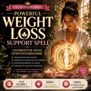 Puede incluir: Anuncio de un hechizo de apoyo para la pérdida de peso. La imagen presenta a una mujer sosteniendo un orbe brillante con la silueta de una persona en su interior. El texto incluye "Powerful Weight Loss Support Spell" y "100% Satisfacción garantizada."