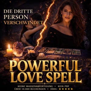 Puede incluir: Imagen promocional de un servicio de hechizos de amor. La imagen presenta a una mujer, cartas del tarot y el texto "POWERFUL LOVE SPELL" en oro. También está presente el texto "DIE DRITTE PERSON VERSCHWINDET". También se ven una vela encendida y cristales.