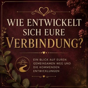 May include: A square graphic with a dark burgundy background featuring gold text that reads WIE ENTWICKELT SICH EURE VERBINDUNG? and EIN BLICK AUF EUREN GEMEINSAMEN WEG UND DIE KOMMENDEN ENTWICKLUNGEN. It includes a gold heart, a winding path icon, and foliage.