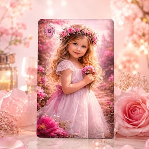 Pode incluir: Um cartão retangular apresentando uma pessoa jovem de cabelos loiros longos vestindo um vestido rosa claro e uma coroa de flores. A pessoa segura um pequeno buquê de flores rosas. O número 13 está impresso em uma moldura oval decorativa.