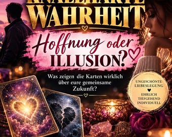 Könnte beinhalten: Ein Buchcover mit dem Titel KNALLHARTE WAHRHEIT, HOFFNUNG oder ILLUSION? zeigt die Silhouette eines Mannes, eine Frau im Profil, zwei Tarotkarten mit Herzmotiven, eine brennende Kerze, eine violette Rose und Text über Liebeslegungen.