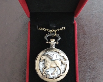 Mustang Horse Quartz Pocket Watch w/16" Chain Brushed Antique Bronze & Gift Box