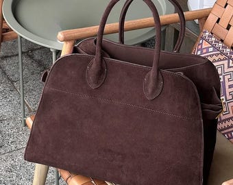 Suede Leather Tote, Women&#39;s Leather Tote Bag, Minimalist Suede Top Handle Bag