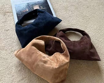 Suede Tote Bag, Minimal Design Suede Handbags, Small Leather Tote Bag