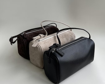 90s Leather Pouch, Genuine Leather Small Top Handle Bag, Leather Mini Tote Bag