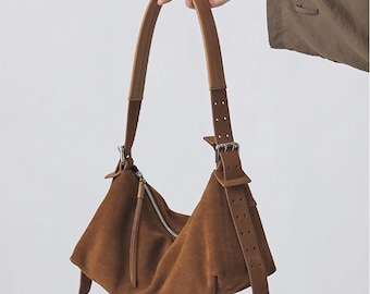 Suede Shoulder Bag, Genuine Leather Top Handle Bag, Women's Suede Tote Bag,