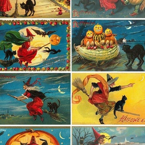 BLACK CATS and WITCHES Vintage Halloween Postcards - Instant Download Digital Collage Sheet