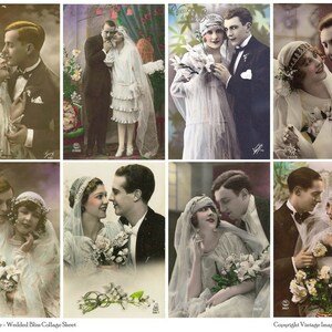 Puede incluir: Un collage de postales de boda vintage con parejas en atuendos formales. Las imágenes están en tonos sepia y muestran a las parejas sosteniendo ramos de flores y mirándose amorosamente.
