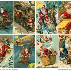 SANTAS ARRIVAL Cartões postais de Natal vintage - folha de colagem de página inteira para download