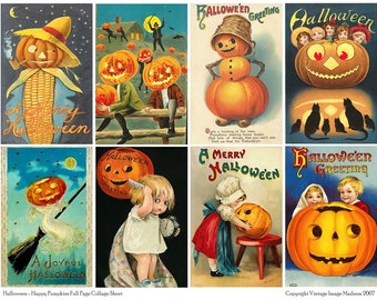 HAPPY PUMPKINS Vintage Halloween Postcards - Instant Download Digital Collage Sheet