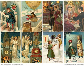 HOLIDAY GREETINGS Vintage New Years Postcards - Downloadable Full Page Collage Sheet