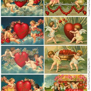 Puede incluir: Un collage de tarjetas vintage de San Valentín con querubines, corazones y flores. Las tarjetas tienen mensajes como "To my Valentine" y "From a true heart".