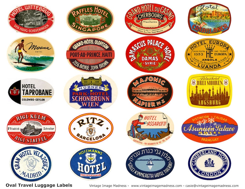 May include: A collection of vintage oval travel luggage labels featuring various hotels from around the world. The labels showcase colorful designs and text, including hotel names and locations. The labels are arranged on a white background.