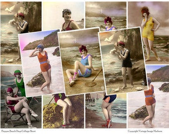 FLAPPER BEACH DAYS Vintage Postcards - Instant Download Digital Collage Sheet