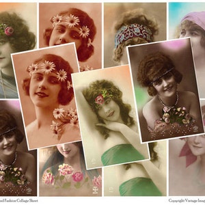 FLAPPER HEADBAND FASHIONS Vintage Postcards - Instant Download Digital Collage Sheet