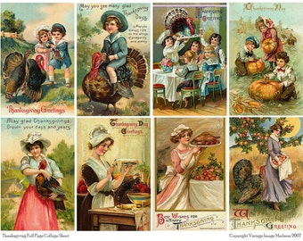 Vintage Thanksgiving Postcards 1 Collage Sheet - Instant Download