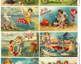 HEARTS and CHERUBS 4 Vintage Valentines Postcards - Instant Download Digital Collage Sheet