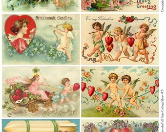 HEARTS and CHERUBS 3 Vintage Valentines Postcards - Instant Download Digital Collage Sheet