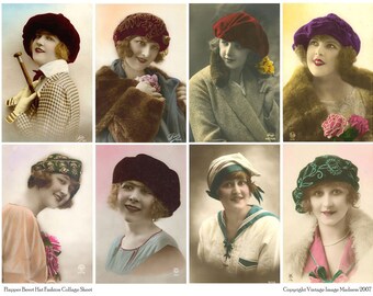 FLAPPER BERET HAT Fashions Vintage Postcards - Downloadable Full Page Collage Sheet