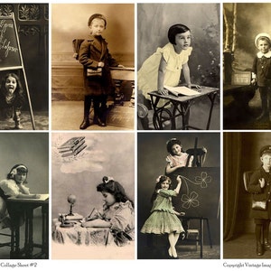 CRIANÇAS ESCOLARES 2 cartões postais vintage - folha de colagem digital para download instantâneo