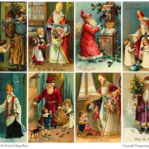 VIVE ST NICHOLAS - Folha de colagem de página inteira para download de cartões postais de Natal vintage