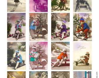 CHILDRENS luge amusants cartes postales anciennes - Instant Download feuille de Collage numérique