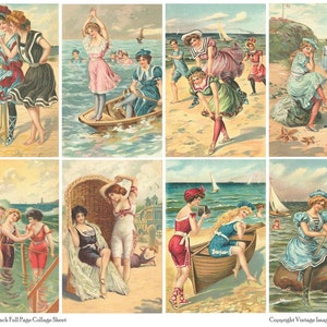 Cartes postales vintage A DAY at the BEACH - Feuille de collage numérique à téléchargement instantané