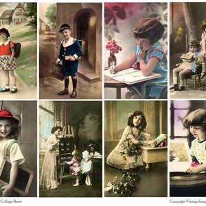Cartões postais vintage para crianças em idade escolar - folha de colagem digital para download instantâneo
