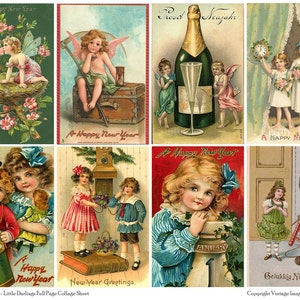 Cartões postais vintage de ano novo LITTLE DARLINGS - folha de colagem de página inteira para download