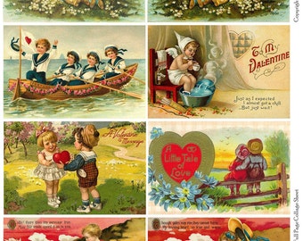 LITTLE LOVE Vintage Valentines Postcards - Instant Download Digital Collage Sheet