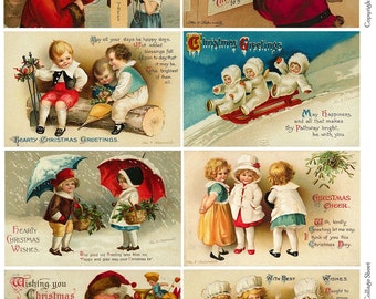 May include: A vintage collage of eight Christmas cards featuring children and Santa Claus. The cards have a variety of themes, including winter scenes, holiday greetings, and Santa delivering gifts. The cards are all in a traditional style with bright colors and detailed illustrations.