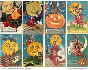 WITCHES IN MOONLIGHT Vintage Halloween Postcards - Instant Download Digital Collage Sheet