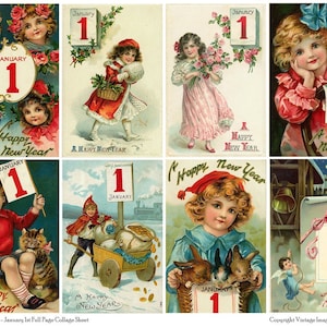 1º DE JANEIRO Cartões postais vintage de ano novo - folha de colagem de página inteira para download