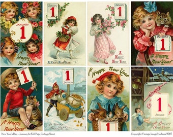 JANUARY 1ST Vintage New Years Postcards - Downloadable Full Page Collage Sheet