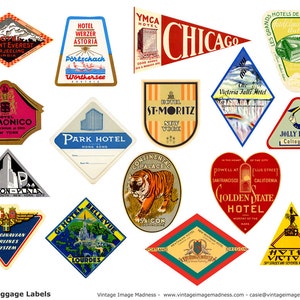 TRAVEL LUGGAGE STICKERS Vintage Travel Images - Instant Download Digital Collage Sheet