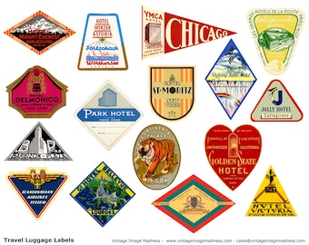 TRAVEL LUGGAGE STICKERS Vintage Travel Images - Instant Download Digital Collage Sheet