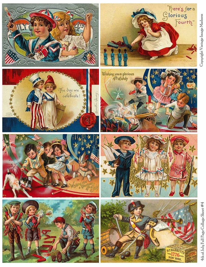 4TH OF JULY vintage Postcards 4 Feuille de collage numérique à téléchargement instantané image 1