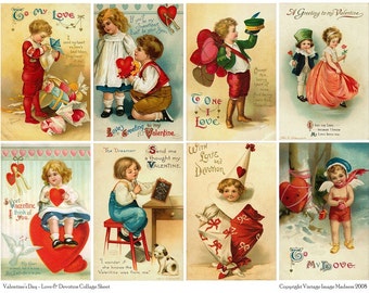 LOVE and DEVOTION Vintage Valentines Postcards - Instant Download Digital Collage Sheet
