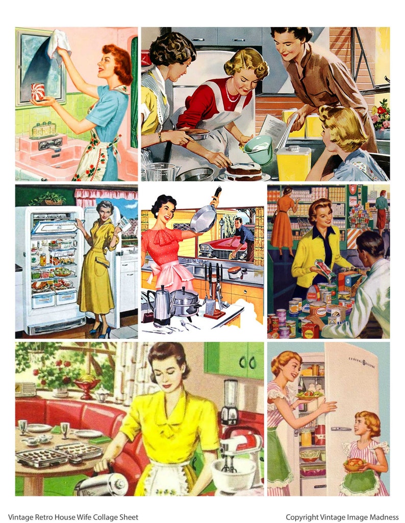 May include: A vintage collage of illustrations depicting women in various domestic settings, including cooking, cleaning, and grocery shopping. The images showcase a retro aesthetic with bright colors and stylized figures.