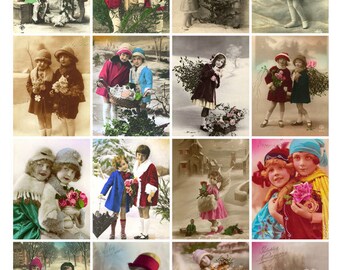 DELIGHTFUL WINTER KIDS Vintage Images - Instant Download Digital Collage Sheet