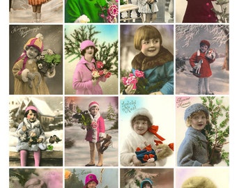 COLORFUL WINTER CHILDREN Vintage Images - Instant Download Digital Collage Sheet