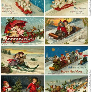 Cartões postais de Natal vintage divertidos para SLEDDING - folha de colagem de página inteira para download