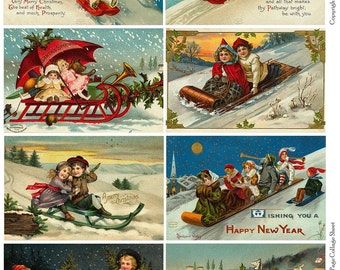 SLEDDING FUN Vintage Christmas Postcards - Downloadable Full Page Collage Sheet